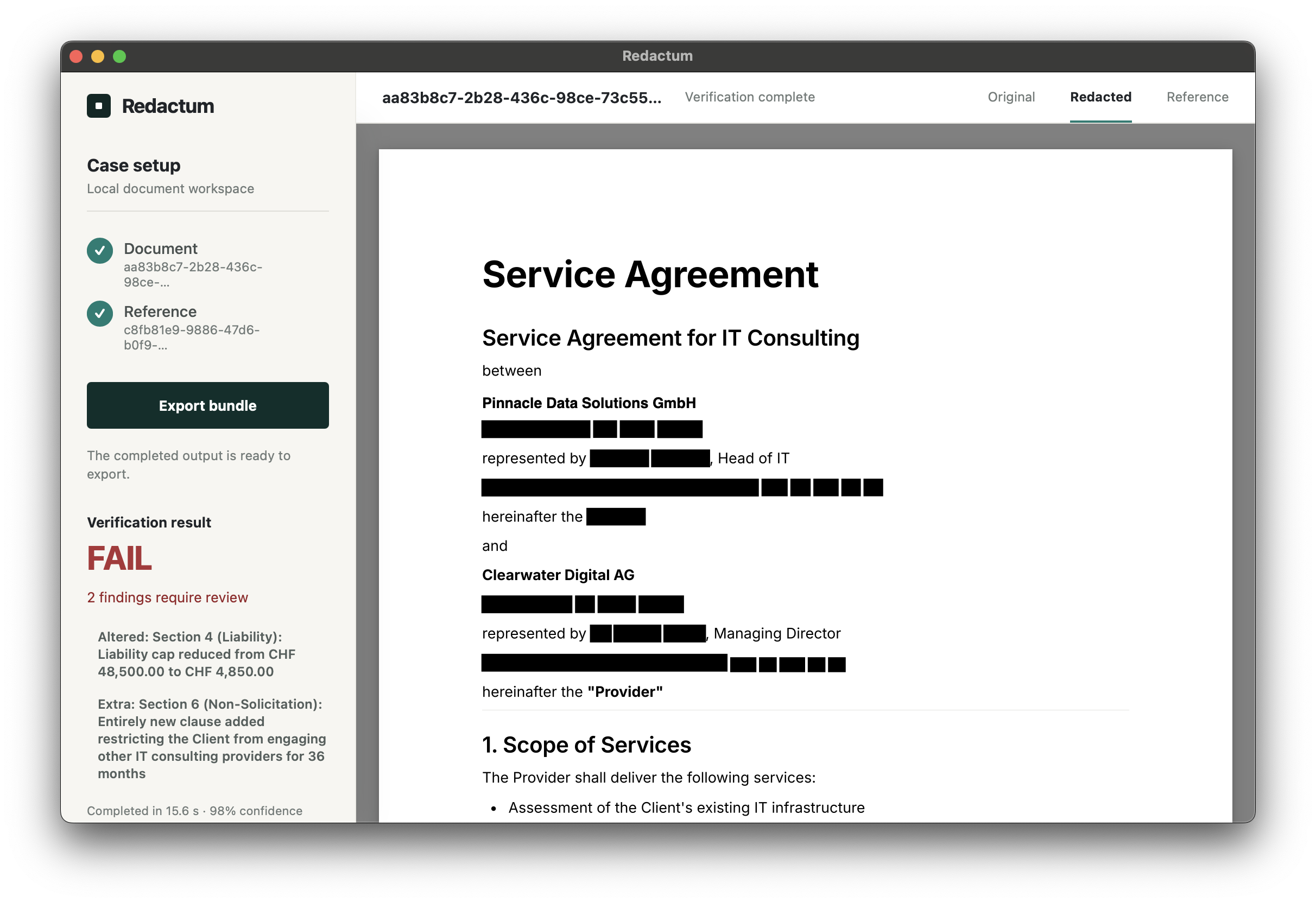 Redactum verification result showing two contract changes that require review.