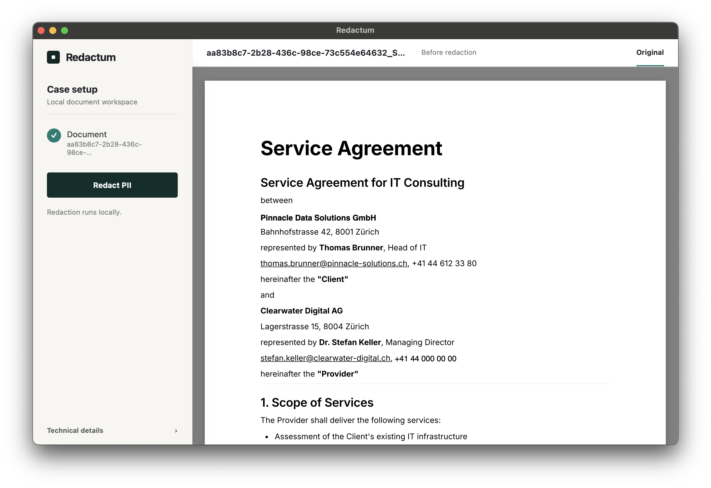 Redactum local workspace showing a demo service agreement before redaction.
