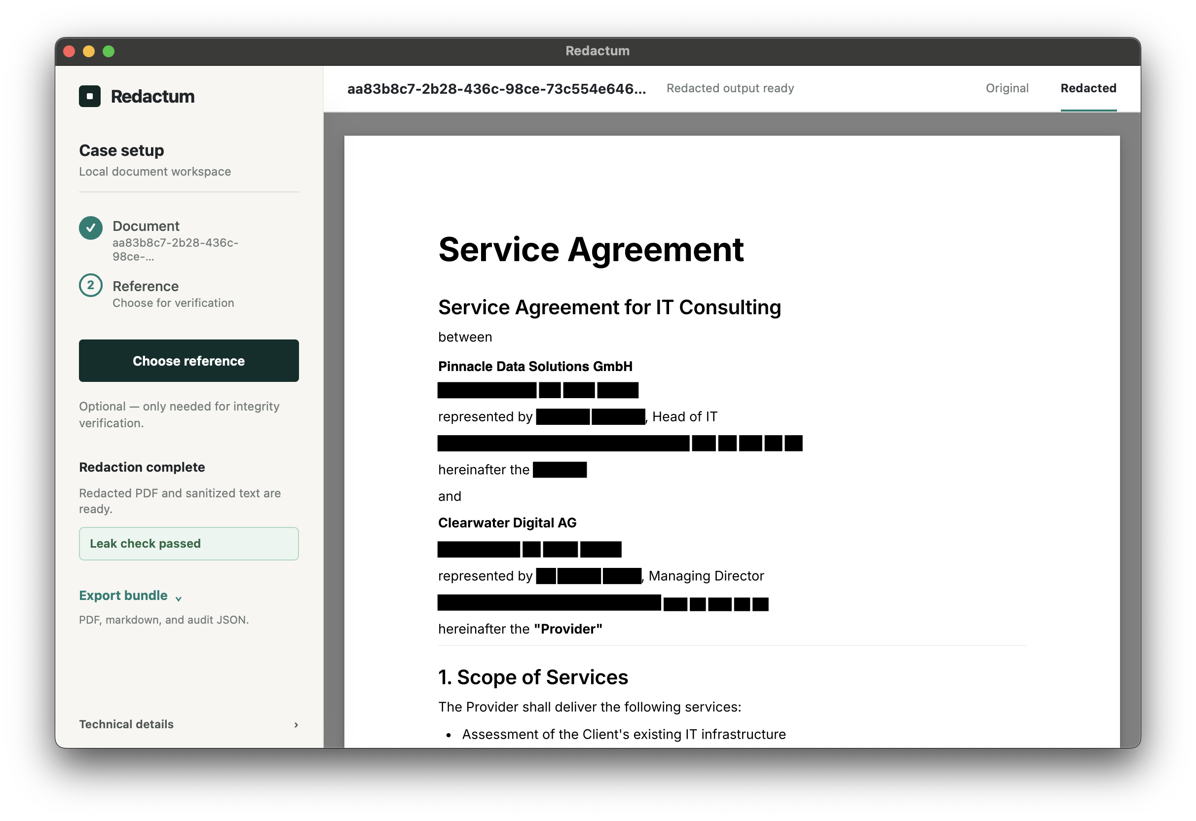 Redactum local workspace showing the same demo service agreement with personal data redacted.